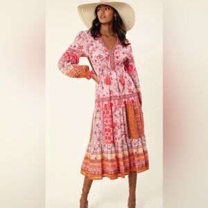 Hale Bob Pink & Orange Floral Long Sleeve Maxi Dress